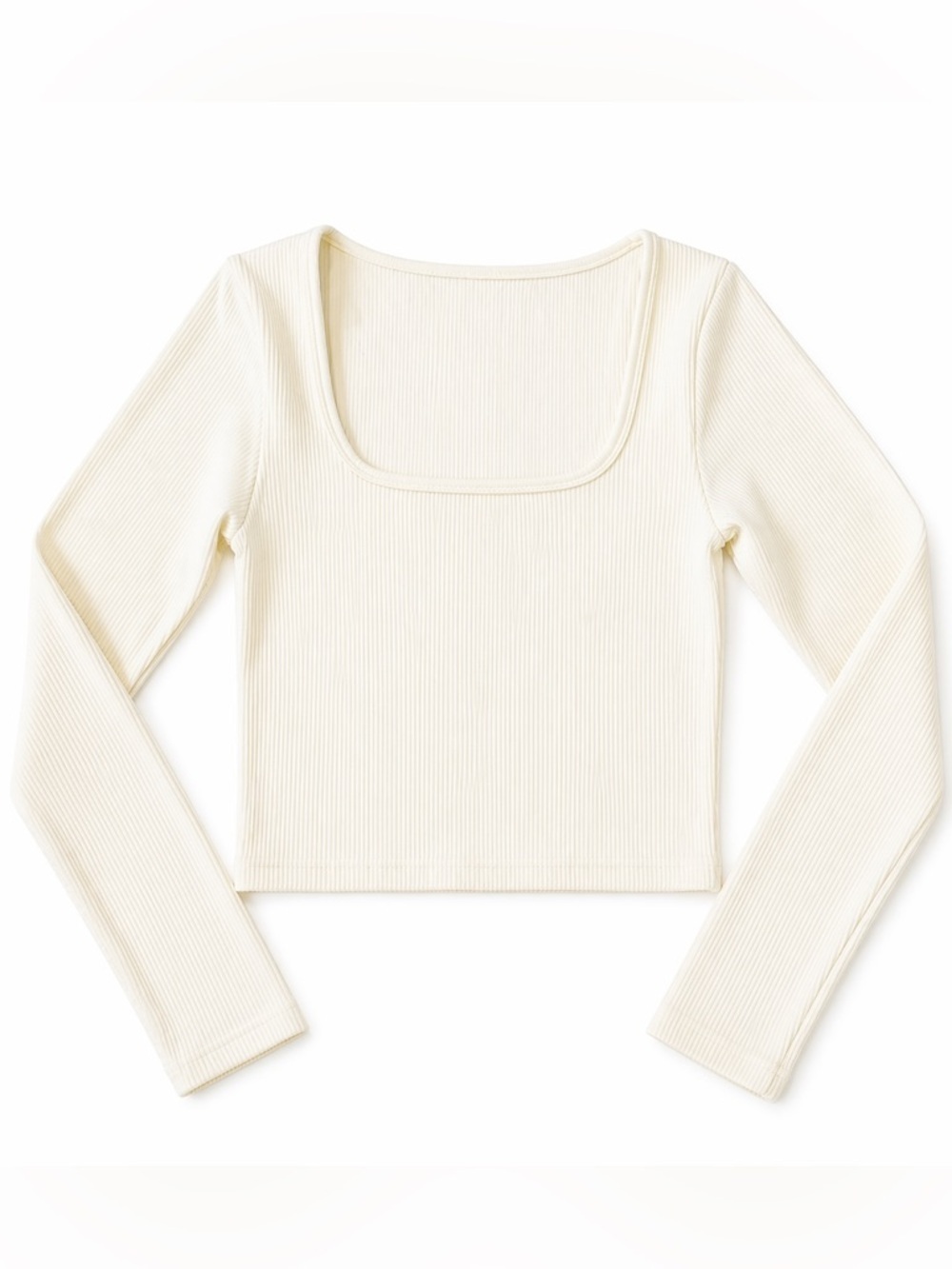 OQQ Ribbed Square Neck Long Sleeve Crop Top Cream Size S NWOT